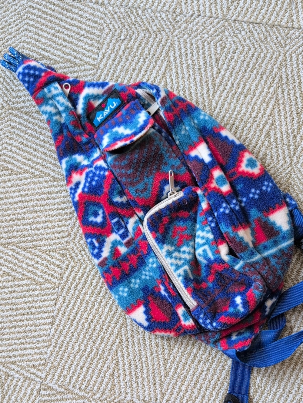 Kavu Polar Fleece Sling Bag in Blue, Red & White Aztec Patriotic